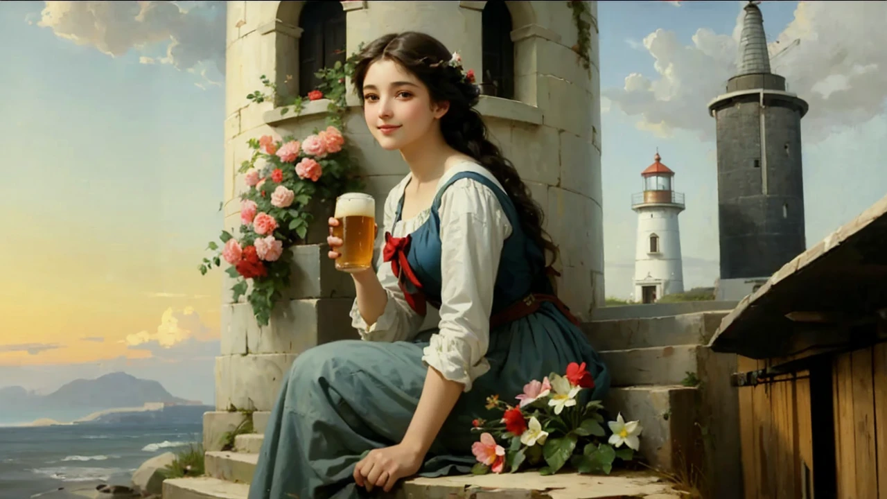 oil on canvas, a beautiful young woman having a beer on the beach, on stone steps of an old lighthouse, smiling and looking at the camera, landscape of an epic afternoon , flowers decorate the place, natural lighting, style of william-adolphe bouguereau