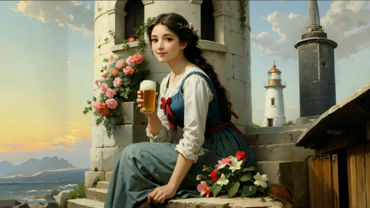 oil on canvas, a beautiful young woman having a beer on the beach, on stone steps of an old lighthouse, smiling and looking at the camera, landscape of an epic afternoon , flowers decorate the place, natural lighting, style of william-adolphe bouguereau