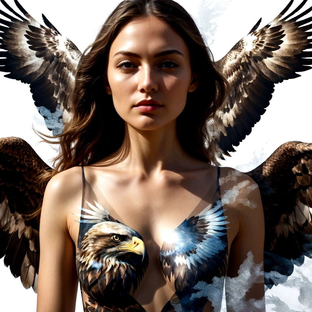 photoillustration of double exposure of merged, a lady, a soaring-eagle (transparency effect of a soaring-eagle images fit on her chest), seamless mix, texture and pattern, transparency effect, iconic stance, dramatic shadows, dramatic lights, interlacing elements, fit-image on her chest, side view, fantasy art, digital manipulated photo art