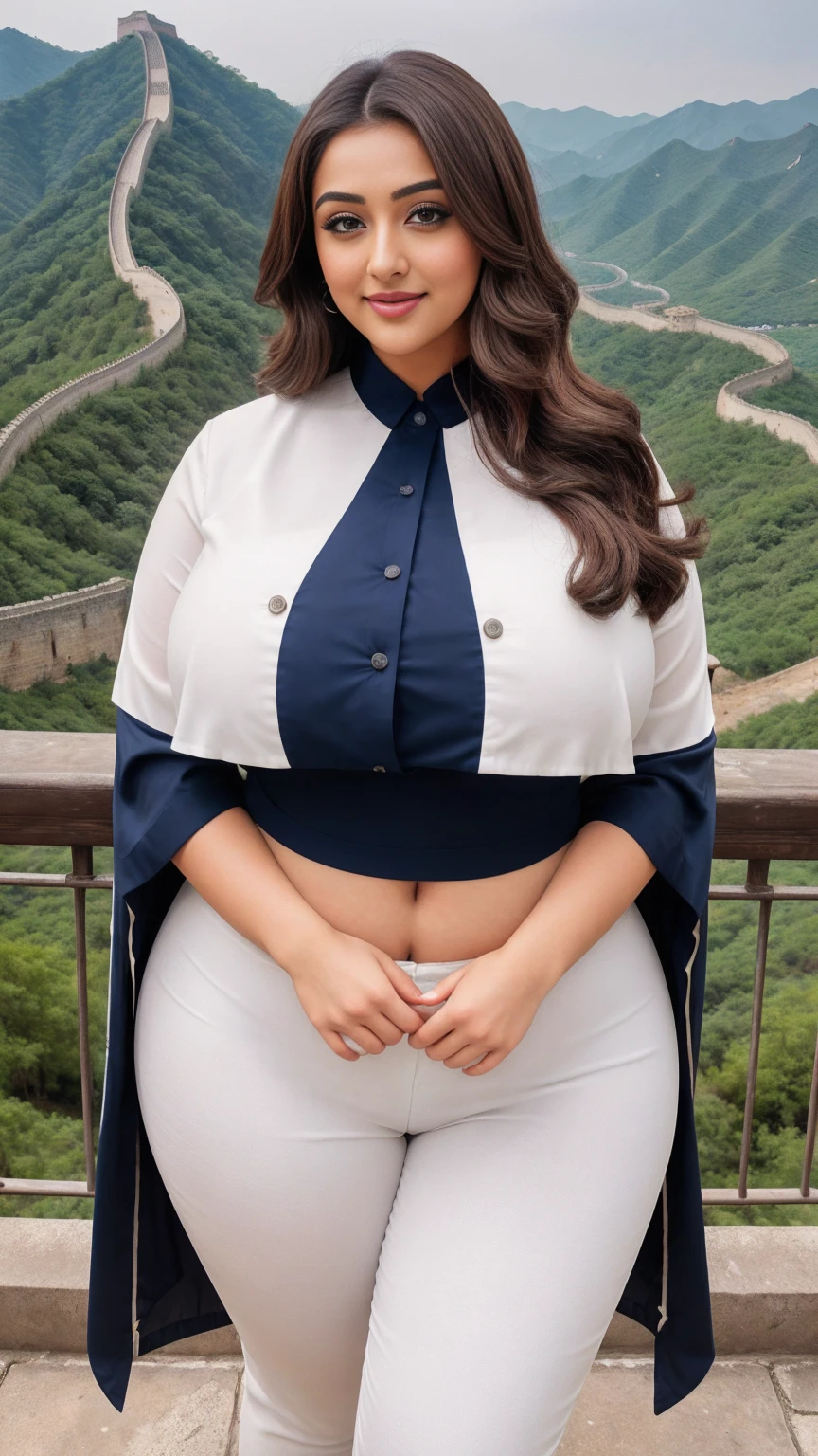 monali thakur Indian beautiful actress curvy plus size hour glass bulky huge figure woman, closeup camera view, big huge m-cup breast, wearing Plus Size Swiss Dot Button Detail Notched Collar Shirt Color: Navy Blue, covered Bust , elegant standing position, eye contact view, different style hairstyle, bright eyes, thin eyebrows, fair skin, blushing cheeks, prefect head to toe view, full body, and expansive views, ideal for high-fashion or editorial shoots, ultra realistic skin texture, head to toe view, full body shot, full body view, smile face, black hair, Indian face, perfect skin tone light, ultra realistic skin texture, bigger waist, busty, big hips, fleshy thighs, thick thighs, busty, full body view, Great Wall of China, China: Majestic ancient wall with panoramic mountain views.