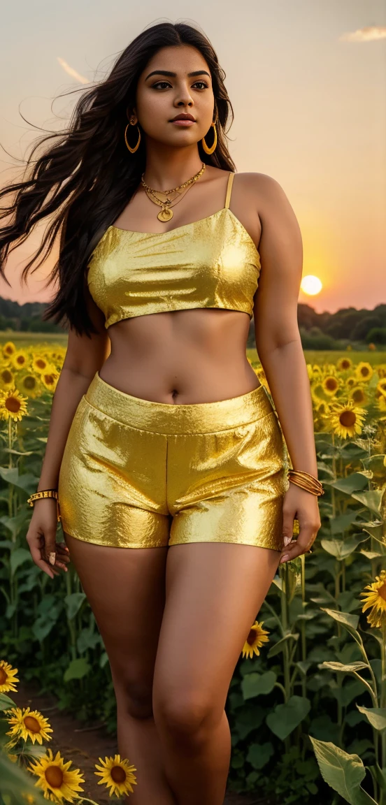 A indian curvy woman is standing in a field of yellow flowers at sunset, wearing a light sunflower two-piece outfit consisting of a crop top and shorts. She has long, flowing dark hair, gold earrings, a necklace, and gold bangles. The sky is a gradient of warm hues, and trees are visible in the background.