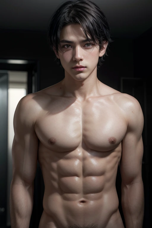 1 boy, star eye, blush, perfect lighting, Bblack hair, greeneyes, engine unreal, side lighting, face detailed, bangss, shining skin, simple background, darkness background, six pack and defined abdomen, erect penis