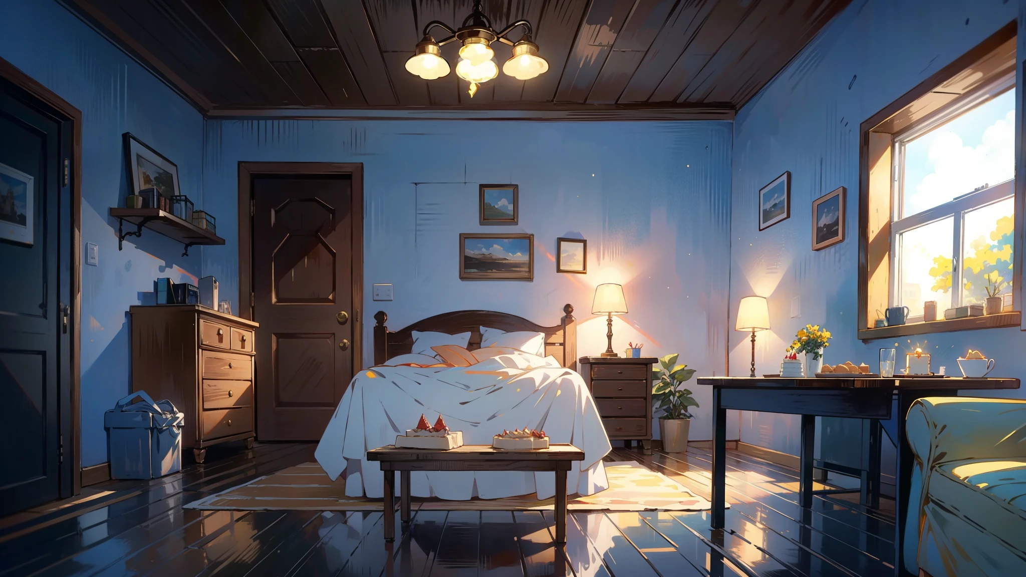 Dark apartment, small birthday cake on old wooden table, modern apartment, alarm clock on the wall，anime scene.Upward shot，Bottom-up perspective，No humans