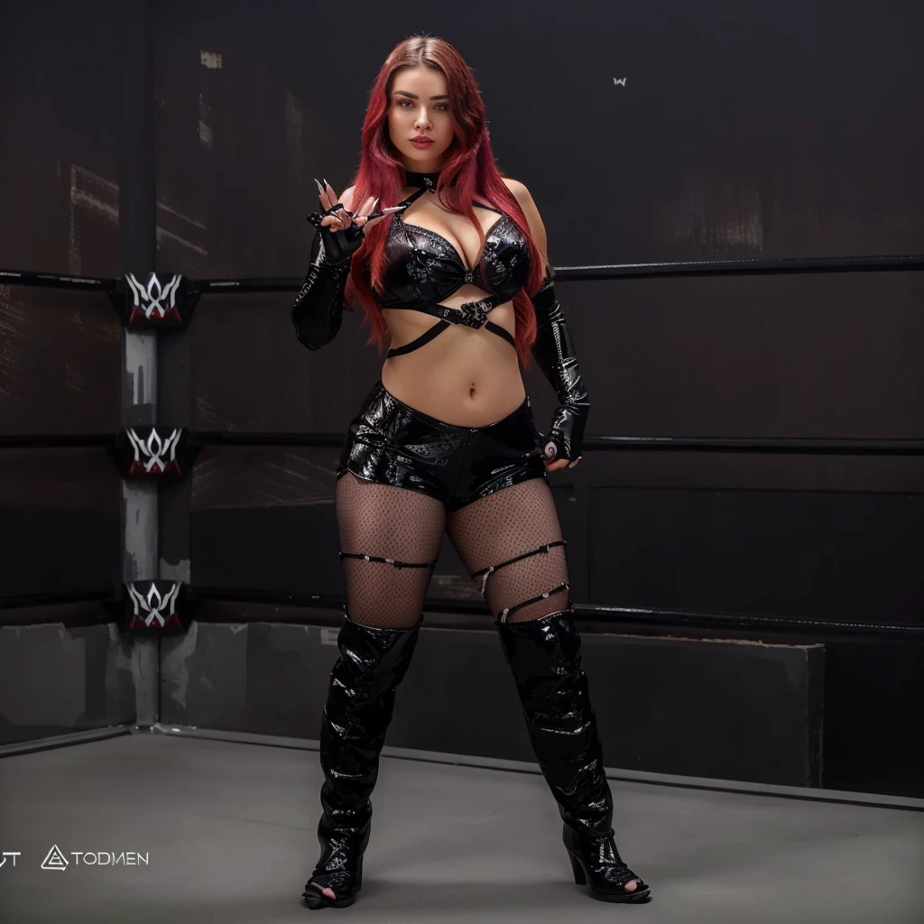 araffe woman in a black outfit posing in a ring, inspired by Ion Andreescu, holding a pudica pose, pudica pose, chrome outfit, sinister pose, intimidating pose, long and straight hair, y, curvy body, photo from 2022, with claws, sexudica pose gesture, tanny skin, badass pose, new character, spellcasting pose, claws are up
