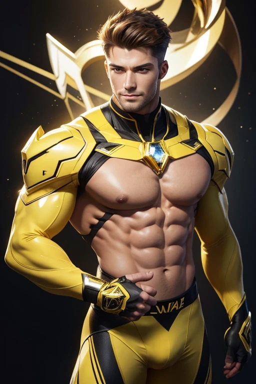 Quarter body photorealistic handsome hunky fractal masculine Zypher wearing a yellow citrine transparent crystal chrome glass super suit , look at camera, detailed face parts,, studio as background, Freestyle Pose, Happy Expression, perfect anatomy, symmetric body,, 18 years old, :: high detail, a lean athletic body, realistic, human skin, extremely detailed fingers, chad chin,, masculine, human skin, , gorgeous, Attractive. super bulges in action . camera focus face front