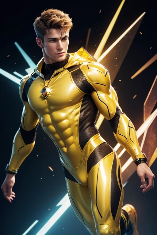 Quarter body photorealistic handsome hunky fractal masculine Zypher wearing a yellow citrine transparent crystal chrome glass super suit , look at camera, detailed face parts,, studio as background, Freestyle Pose, Happy Expression, perfect anatomy, symmetric body,, 18 years old, :: high detail, a lean athletic body, realistic, human skin, extremely detailed fingers, chad chin,, masculine, human skin, , gorgeous, Attractive. super bulges in action . camera focus face front