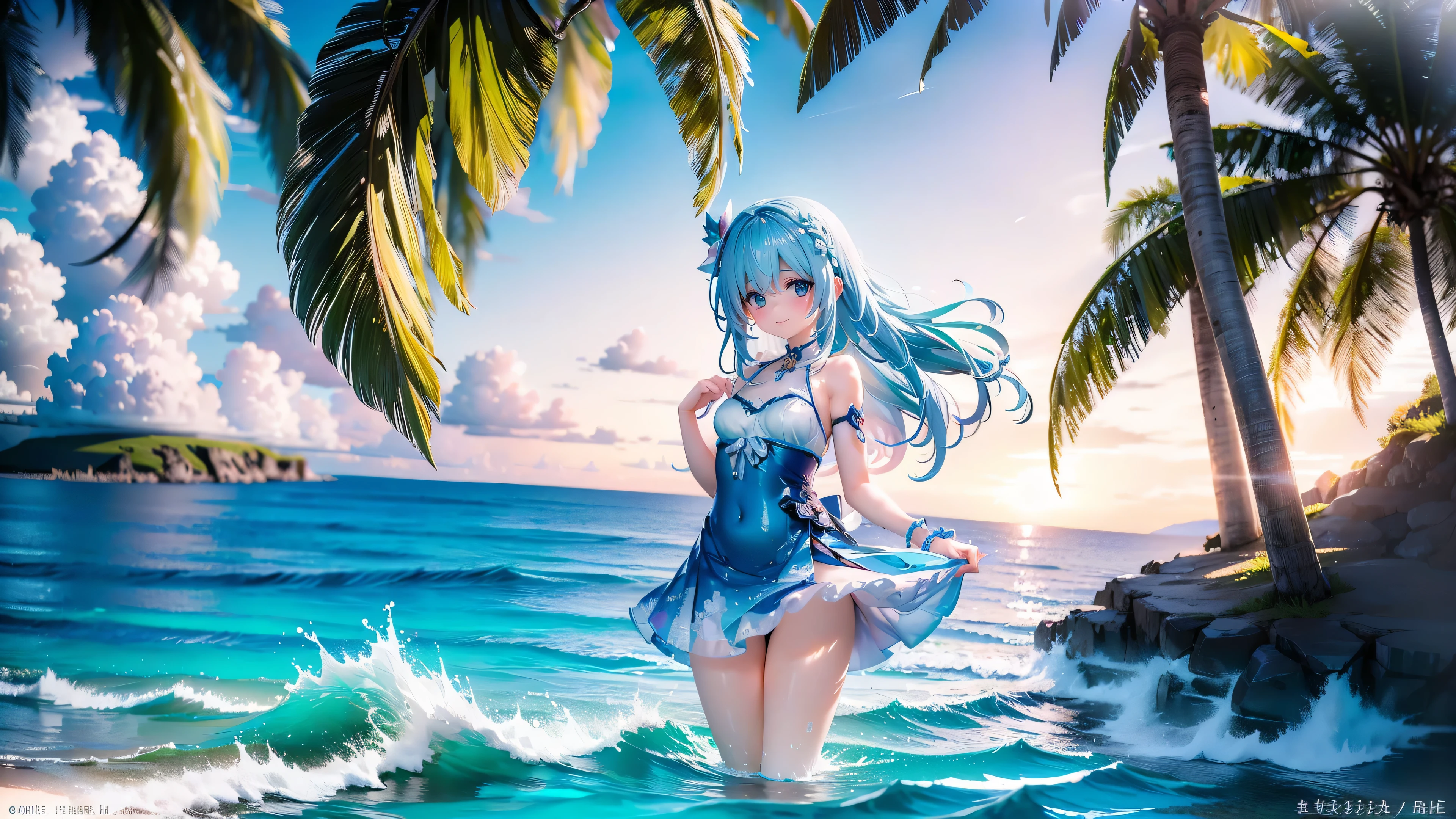Under the blue midsummer sky、The clear emerald green sea spreads out before you.。White waves gently wash up on the shore、A girl is happily swimming in the waves.。Her hair shines golden in the sunlight、It sparkles every time it rocks with the waves.。The girl's laughter、It echoes on the sea breeze.。
The girl happily holds her hands over the water.、It's making small splashes。Water droplets reflecting the sunlight、Shining like a little diamond。Her eyes are full of joy、Those clear eyes are filled with a spirit of adventure.。Colorful tropical fish swim around、It dances gracefully to the girl's movements.。
In the background is a white sandy beach.、Palm trees with green leaves waving in the wind。Some small islands in the distance々I can see、The island stands quietly between the blue sky and the sea.。Near the girl、Red and blue swim rings and beach balls float、It makes her even more fun。
This beautiful summer scene、The silence as if time had stopped、The photo is filled with vivid moments woven together by the innocent smile of a young girl.。The scent of the sea and the sound of the waves play in the background.、This moment spent with nature、It will be deeply engraved in the girl's heart.。
