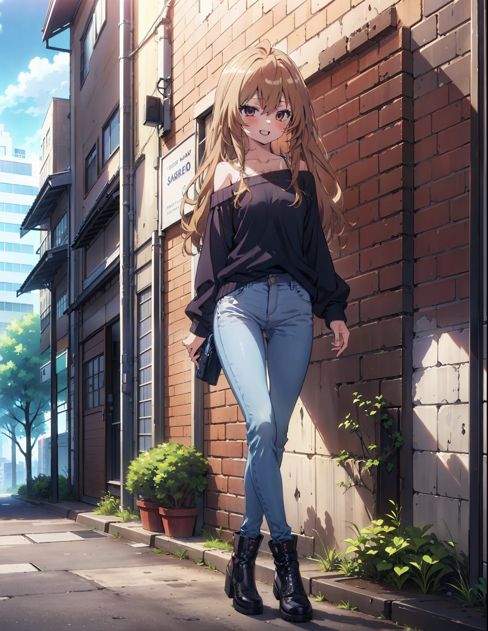 Taiga Aisaka, taiga aisaka, Long Hair, Brown Hair, Brown eyes,happy smile, smile, Open your mouth,One-shoulder sweater,Skinny jeans,short boots,Daytime,Clear skies,Walking,whole bodyがイラストに入るように,
break outdoors, Building district,
break looking at viewer, whole body,
break (masterpiece:1.2), Highest quality, High resolution, unity 8k wallpaper, (shape:0.8), (Beautiful attention to detail:1.6), Highly detailed face, Perfect lighting, Extremely detailed CG, (Perfect hands, Perfect Anatomy),