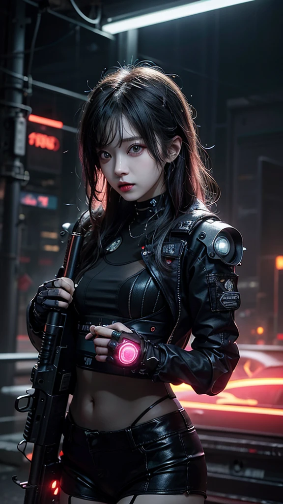8K,beautiful,cyber punk,cyber punkな街並み,Neon night,Charming girl at 18 years old,Baby Face,Long Shot,whole body,Composition from afar,(Held up a gun)