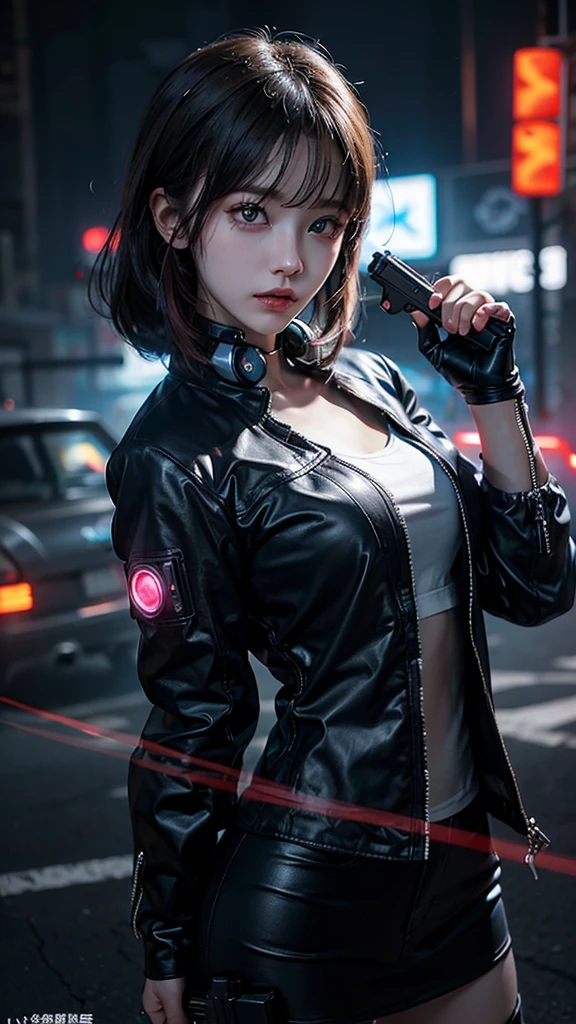 8K,beautiful,cyber punk,cyber punkな街並み,Neon night,Charming girl at 18 years old,Baby Face,Long Shot,whole body,Composition from afar,(Held up a gun)