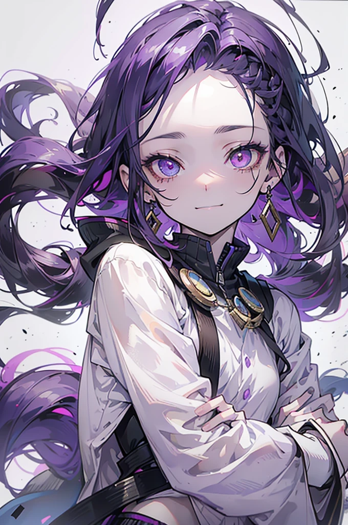 cheerful boy with open forehead. dark purple hair braided in a ponytail on the left side to one side. sinuous black horns wrapped in dark purple ribbon. pale violet eyes. in short dark purple shorts. long white T-shirt. dark purple knee-high socks. a white long robe with a hood flutters in the wind. black ancient stone walls of the castle purple light from lamps with gold ornaments, heterochromia, long curly hair, pale skin, I look at the viewer, closed mouth, bright smile, Beautiful, extremely detailed eye, Absolutely amazing art, extremely detailed, Digital art of the highest quality,