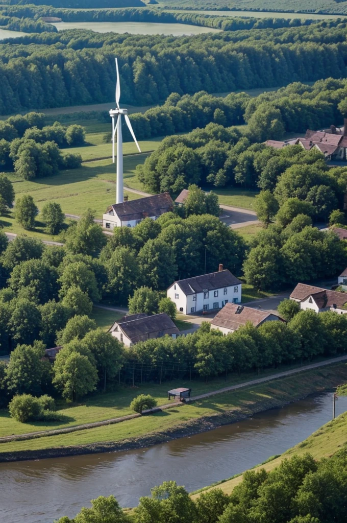 Wind turbine in a village with forest near the river
