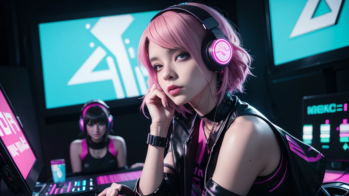 arafed woman in a black top and pink hair standing next to a DJ's mixer, rave girl, raver girl, 1 girl, DJ rave, unreal engine, rave makeup, in cyberpunk style, has cyberpunk style, rave inspired, cyber punk setting, cyberpunk vibes, cyberpunk vibe, beautiful cyberpunk woman model, cyberpunk style color, woman holds her headphones down with one hand.