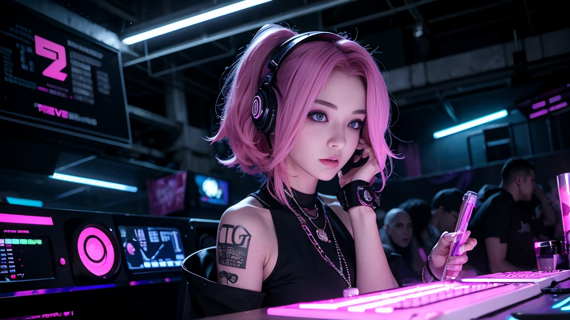 arafed woman in a black top and pink hair standing next to a DJ's mixer, rave girl, raver girl, 1 girl, DJ rave, unreal engine, rave makeup, in cyberpunk style, has cyberpunk style, rave inspired, cyber punk setting, cyberpunk vibes, cyberpunk vibe, beautiful cyberpunk woman model, cyberpunk style color, woman holds her headphones down with one hand.