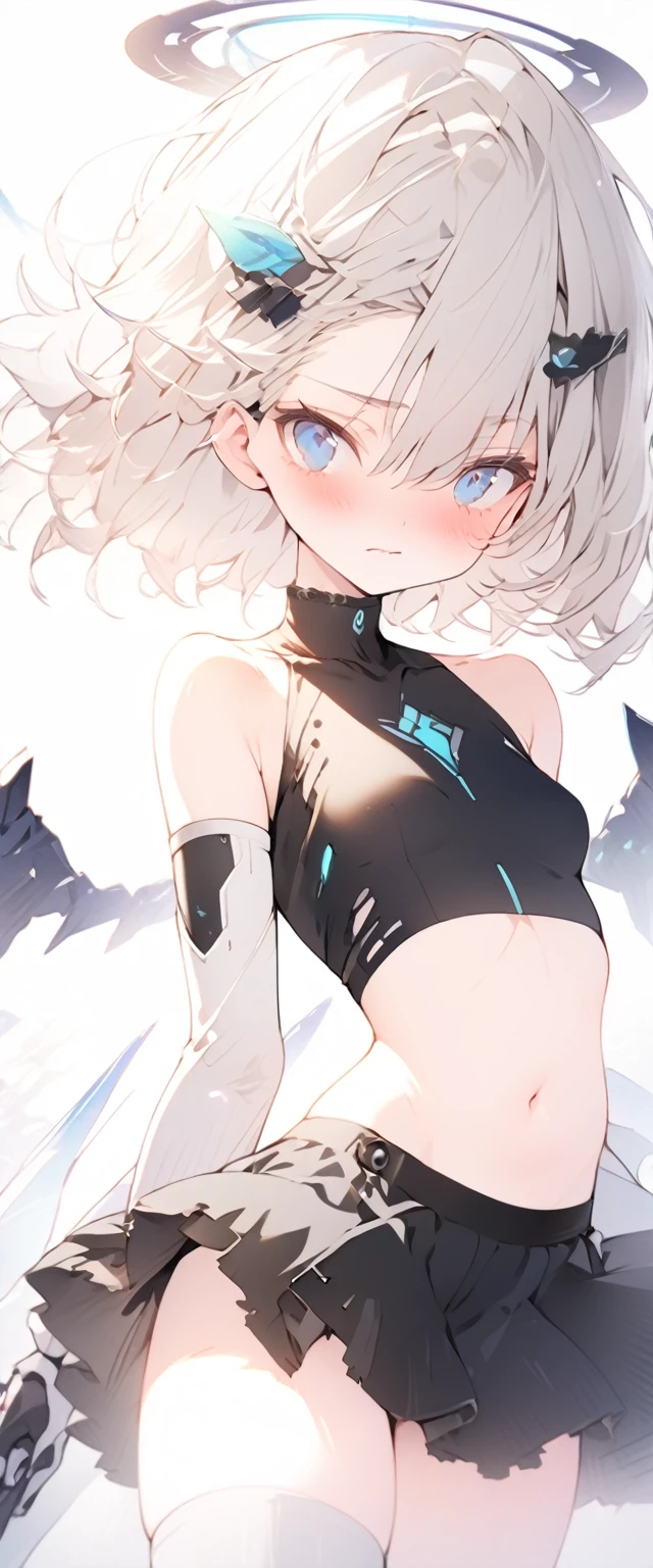 beautiful, masterpiece, Highest quality, anime, One girl, C Cup,Portrait Shot, View your viewers, Covered、Short Hair、nearby、Blue Eyes、art、、White hair,Blue streaked hair、wallpaper、hairpin、Thighs、navel、Floating sci-fi hair accessories、Sci-fi knee-high boots、Cute、HARD Ripped SF Underskirt、HARD torn sci-fi combat uniform、Embarrassed