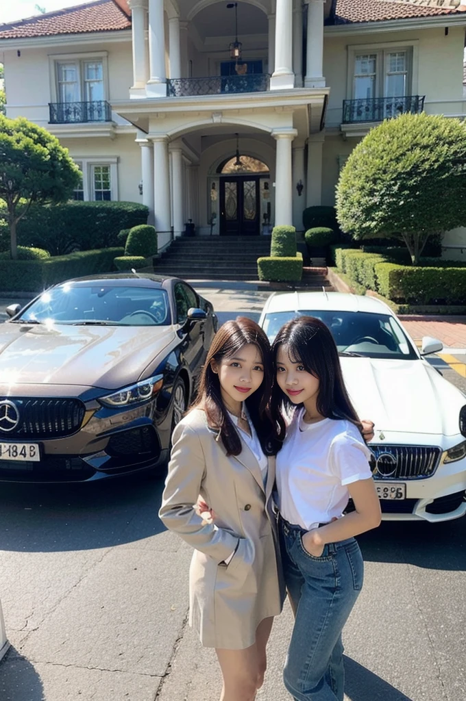 They are standing in front of a grand mansion with expensive cars parked outside.