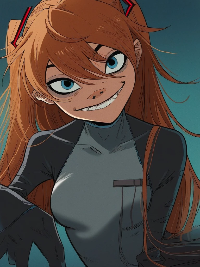 score_9, score_8_up, score_7_up, score_6_up, score_5_up, score_4_up, 1girl, in hewlls artstyle, souryuu_asuka_langley, bodysuit, interface headset, looking at viewer, teeth, smile, upper body, blue eyes, arm support, looking at viewer, sitting, solo, illustration, Hatsune Miku', 2DGorillaz.