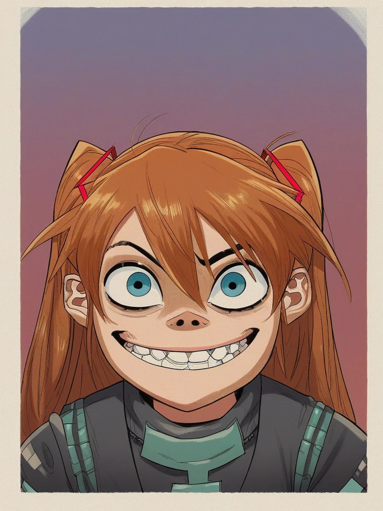 score_9, score_8_up, score_7_up, score_6_up, score_5_up, score_4_up, 1girl, in hewlls artstyle, souryuu_asuka_langley, bodysuit, interface headset, looking at viewer, teeth, smile, upper body, blue eyes, arm support, looking at viewer, sitting, solo, illustration, Hatsune Miku', 2DGorillaz.