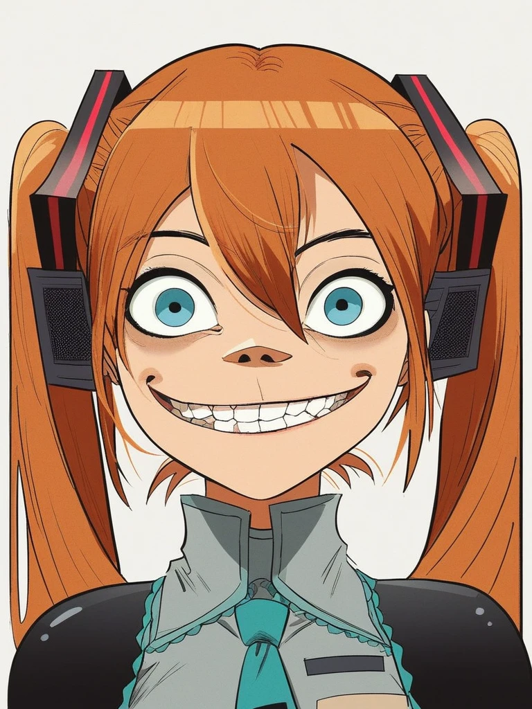 score_9, score_8_up, score_7_up, score_6_up, score_5_up, score_4_up, 1girl, in hewlls artstyle, souryuu_asuka_langley, bodysuit, interface headset, looking at viewer, teeth, smile, upper body, blue eyes, arm support, looking at viewer, sitting, solo, illustration, Hatsune Miku', 2DGorillaz.