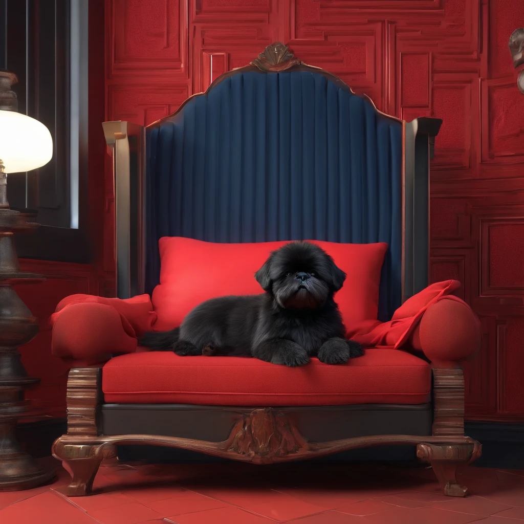 2 adorable black shih tzus sleeping with head on a red pillow in cute blue and red room
