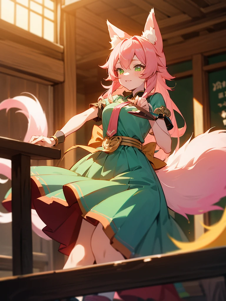 kitsune idol in a tavern, foxgirl, fox ears, fox tails, pink hair, green eyes, light blue idol dress, tavern background, high quality, masterpiece