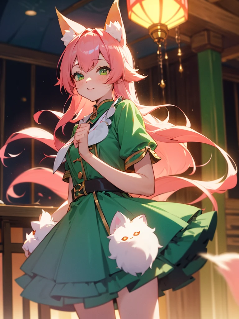 kitsune idol in a tavern, foxgirl, fox ears, fox tails, pink hair, green eyes, light blue idol dress, tavern background, high quality, masterpiece