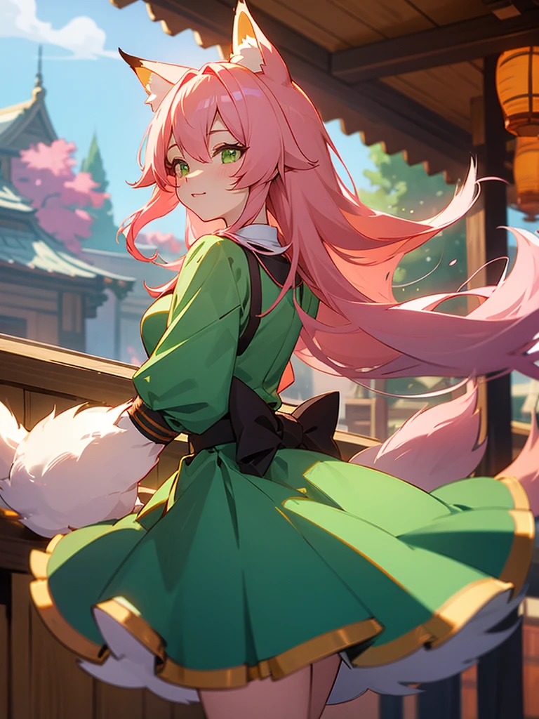 kitsune idol in a tavern, foxgirl, fox ears, fox tails, pink hair, green eyes, light blue idol dress, tavern background, high quality, masterpiece