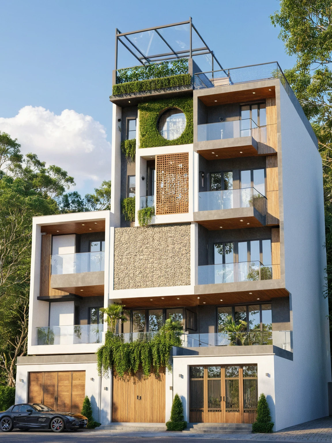 Raw photo,Masterpiece, high quality, best quality, authentic, super detail,
exterior, outdoors, house style modern on the street, glass windows, gate, wooden ceiling,
road,pavement, trees, sky, cloud, (daylight:1.1)