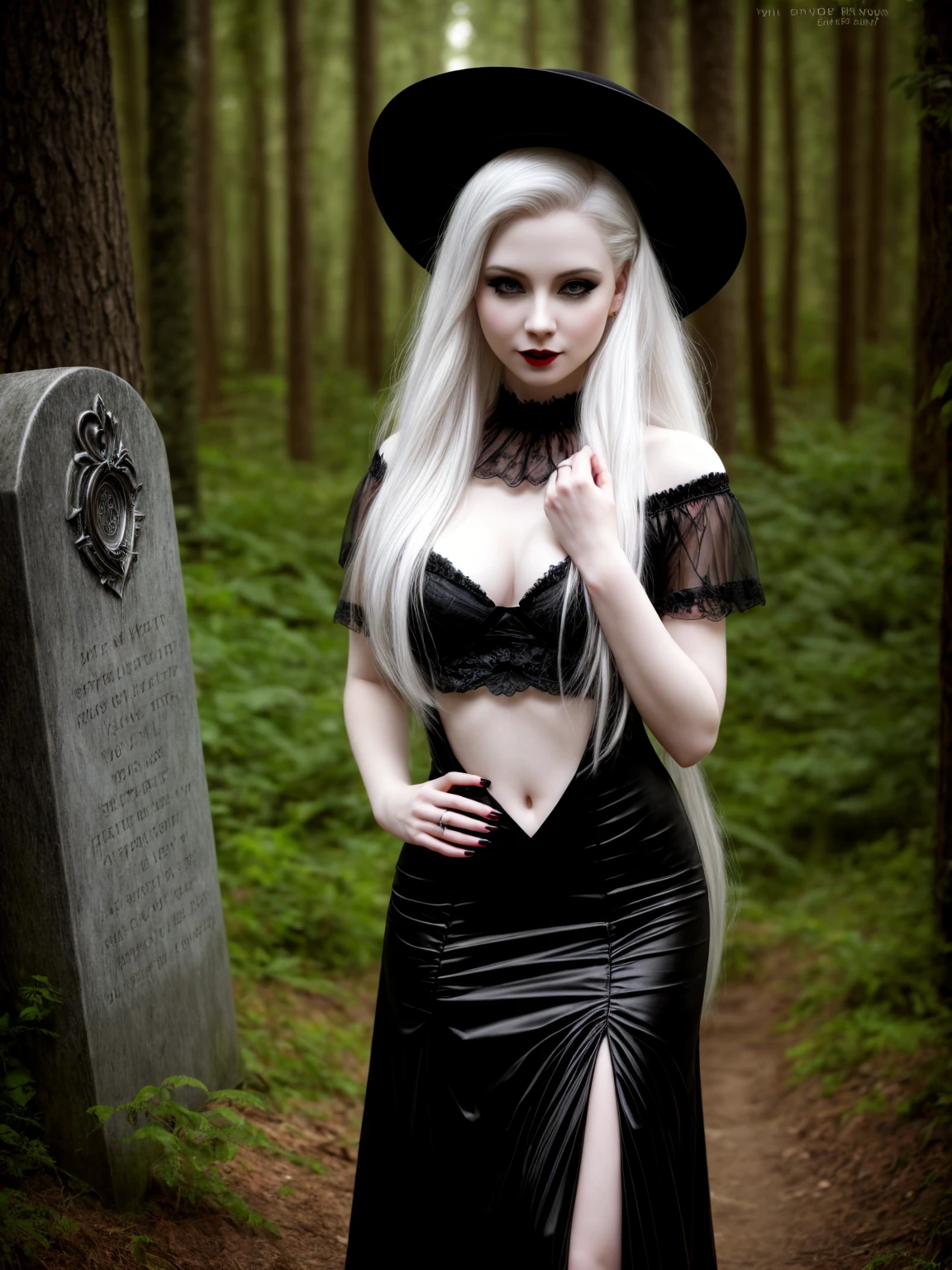 female sexy vampire|albino, pale porcelain skin, sexy vintage black dress, smile, shallow depth of field, grin|creepy, nightfall, detailed face, night, wide hips, narrow waist, portrait of woman standing, detailed eyes, portrait of woman standing, 8k RAW photo, highest quality, looking at the viewer, best shadow, intricate details, long hair, bright eyes, forest, grave, gothic, goth detailed, highres, high qualilty, high saturation