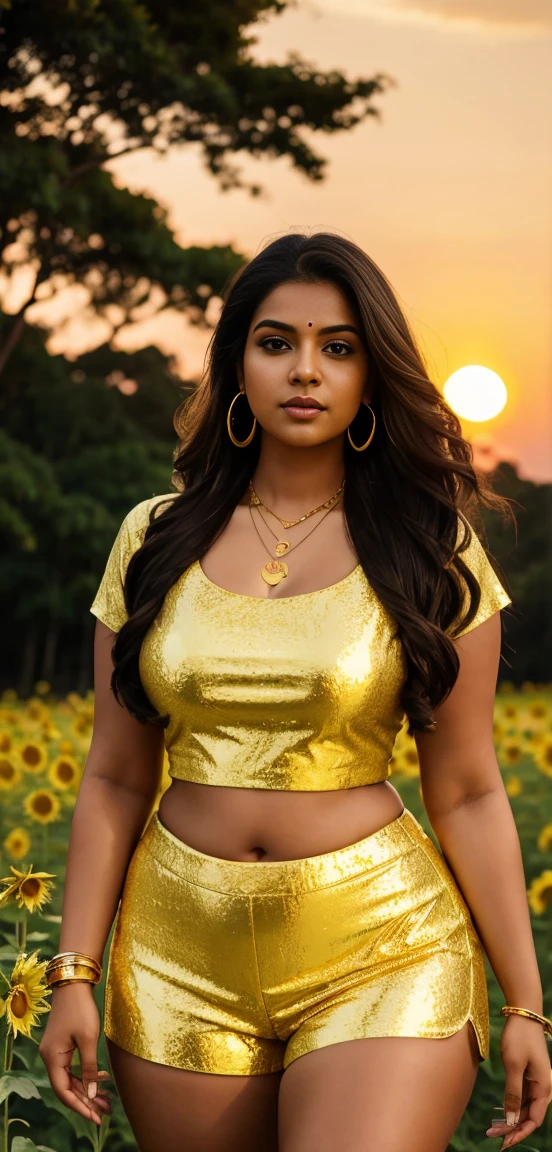 A indian curvy woman is standing in a field of yellow flowers at sunset, wearing a light sunflower two-piece outfit consisting of a crop top and shorts. She has long, flowing dark hair, gold earrings, a necklace, and gold bangles. The sky is a gradient of warm hues, and trees are visible in the background.