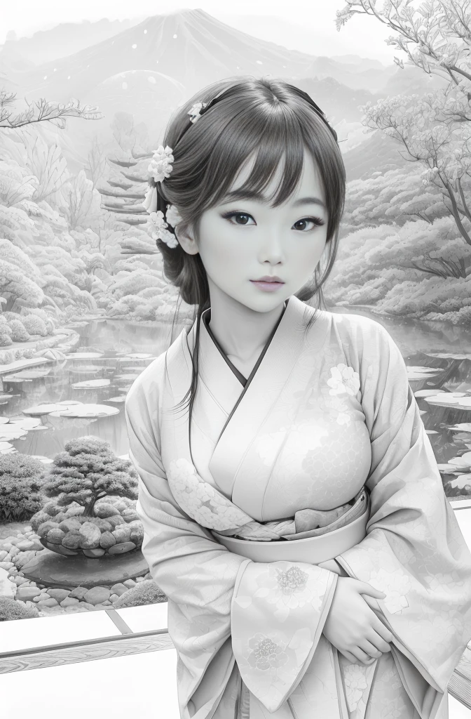 best quality, masterpiece, photo, 4K, photorealistic, highly detailed, huge moon in the background, black and white, closeup, Create a realistic ukiyo-e illustration of a cute girl in a kimono that conveys Japanese culture in various poses with a Japanese garden in the background, using a simple monochrome coloring book that even children can do.
