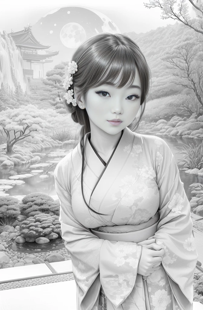 best quality, masterpiece, photo, 4K, photorealistic, highly detailed, huge moon in the background, black and white, closeup, Create a realistic ukiyo-e illustration of a cute girl in a kimono that conveys Japanese culture in various poses with a Japanese garden in the background, using a simple monochrome coloring book that even children can do.