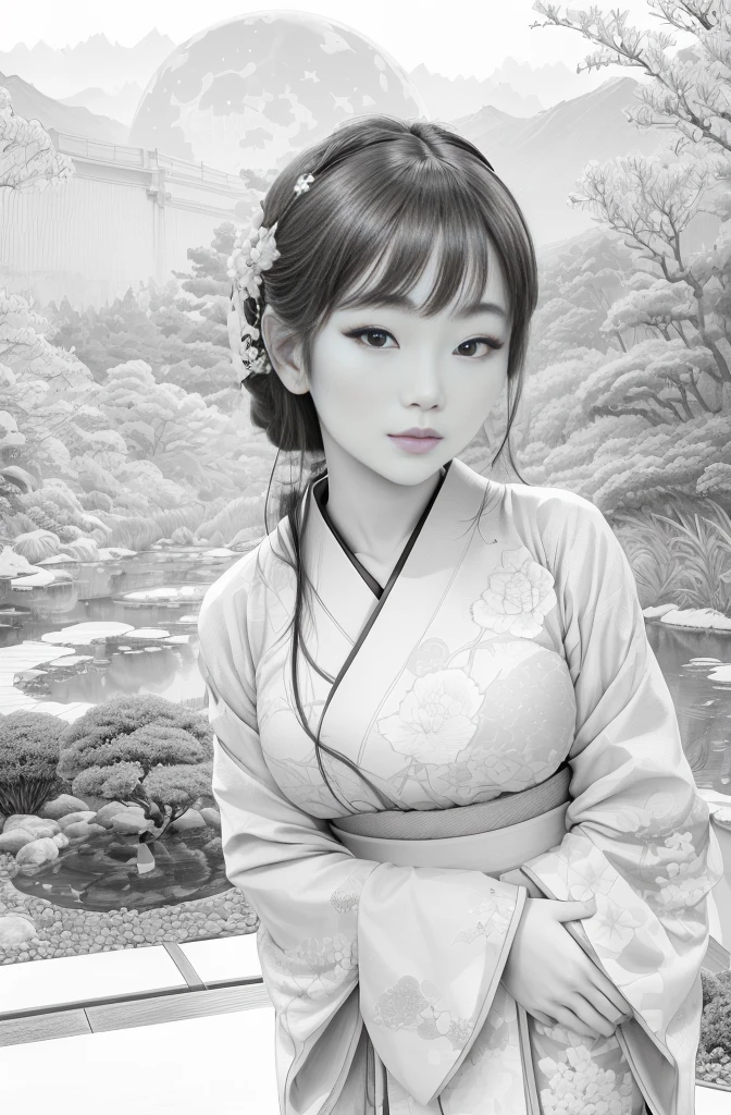 best quality, masterpiece, photo, 4K, photorealistic, highly detailed, huge moon in the background, black and white, closeup, Create a realistic ukiyo-e illustration of a cute girl in a kimono that conveys Japanese culture in various poses with a Japanese garden in the background, using a simple monochrome coloring book that even children can do.