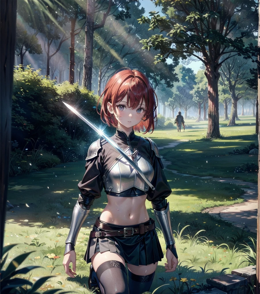 ((perfect anatomy:1.2,realistic,:1.3,RAW Photography:1.3,masterpiece、highest quality、Ultra - High resolution、High resolution、Highly detailed CG、8K)),nsfw,upper body,1 female,alone,20-year-old,beauty of japan,beautiful detailed face and eyes,big and gorgeous eyes,gray eyes,(red hair,short bob hair,bangs), (slender body,small head:1.4, skinny、small breasts), glowing skin,oily skin,sweat,(fantasy clothing,silver armor,crop top,navel、Black micro mini skirt,female knight)、((hold a sword in hand:1.3,fight with sword,injury)),kneeling,fantasy,world of swords and magic、grassland、Wars of the Middle Ages、A large number of knights are fighting in the background、medieval europe、natural sunlight、