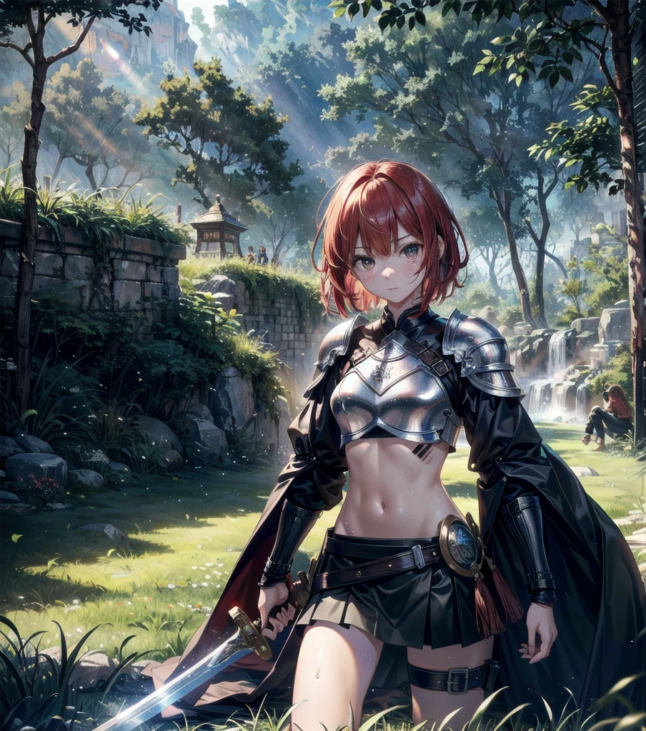 ((perfect anatomy:1.2,realistic,:1.3,RAW Photography:1.3,masterpiece、highest quality、Ultra - High resolution、High resolution、Highly detailed CG、8K)),nsfw,upper body,1 female,alone,20-year-old,beauty of japan,beautiful detailed face and eyes,big and gorgeous eyes,gray eyes,(red hair,short bob hair,bangs), (slender body,small head:1.4, skinny、small breasts), glowing skin,oily skin,sweat,(fantasy clothing,silver armor,crop top,navel、Black micro mini skirt,female knight)、((hold a sword in hand:1.3,fight with sword,injury)),kneeling,fantasy,world of swords and magic、grassland、Wars of the Middle Ages、A large number of knights are fighting in the background、medieval europe、natural sunlight、