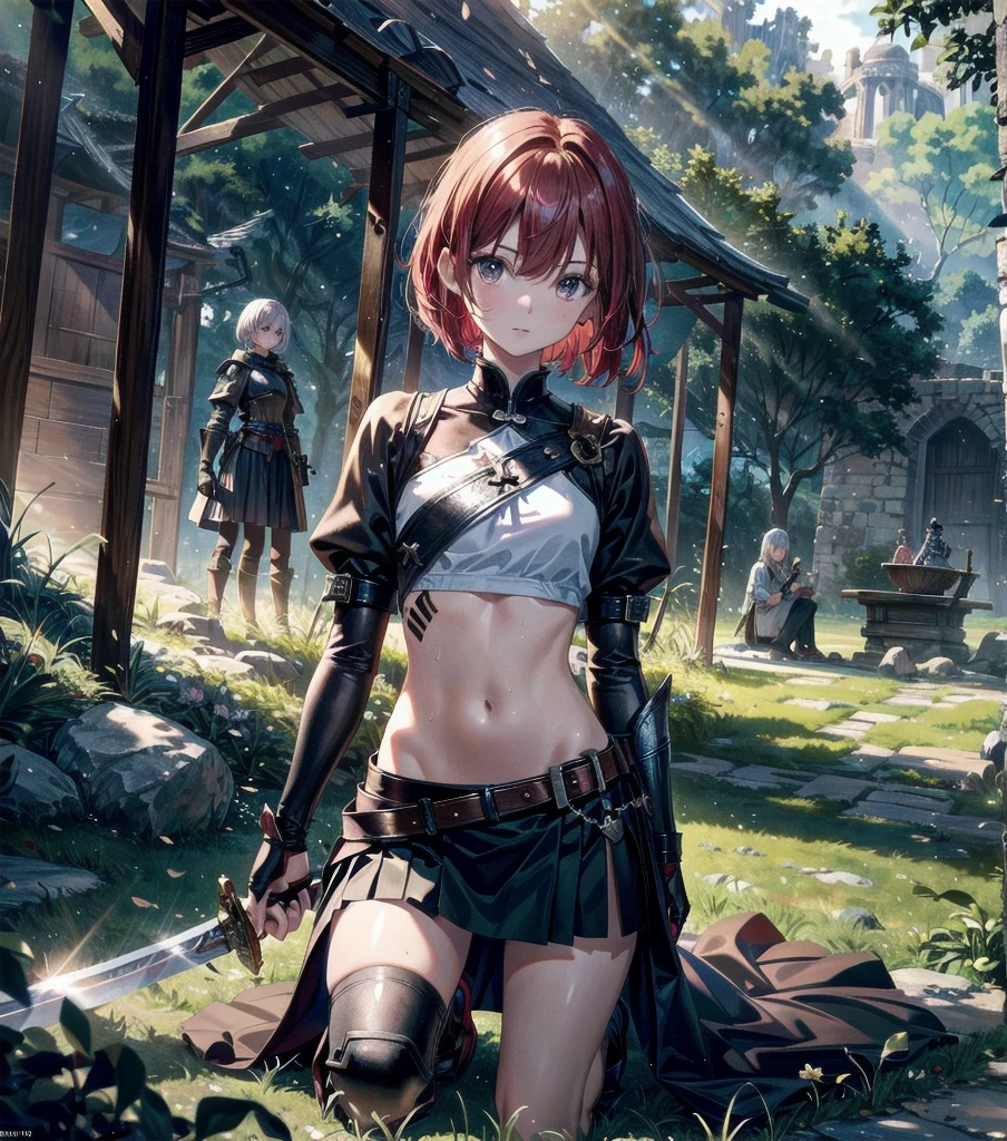 ((perfect anatomy:1.2,realistic,:1.3,RAW Photography:1.3,masterpiece、highest quality、Ultra - High resolution、High resolution、Highly detailed CG、8K)),nsfw,upper body,1 female,alone,20-year-old,beauty of japan,beautiful detailed face and eyes,big and gorgeous eyes,gray eyes,(red hair,short bob hair,bangs), (slender body,small head:1.4, skinny、small breasts), glowing skin,oily skin,sweat,(fantasy clothing,silver armor,crop top,navel、Black micro mini skirt,female knight)、((hold a sword in hand:1.3,fight with sword,injury)),kneeling,fantasy,world of swords and magic、grassland、Wars of the Middle Ages、A large number of knights are fighting in the background、medieval europe、natural sunlight、