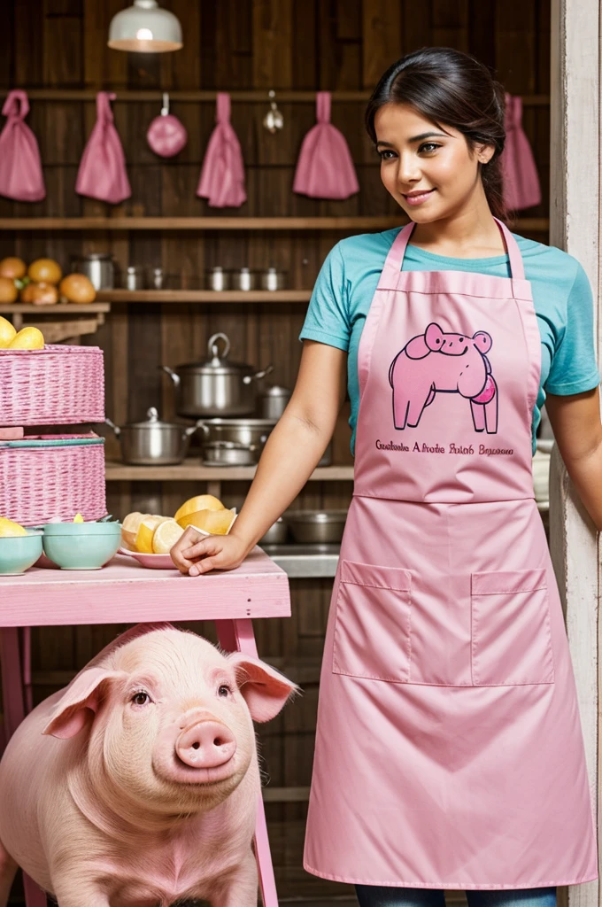 A pink pig with an apron that says paisa 