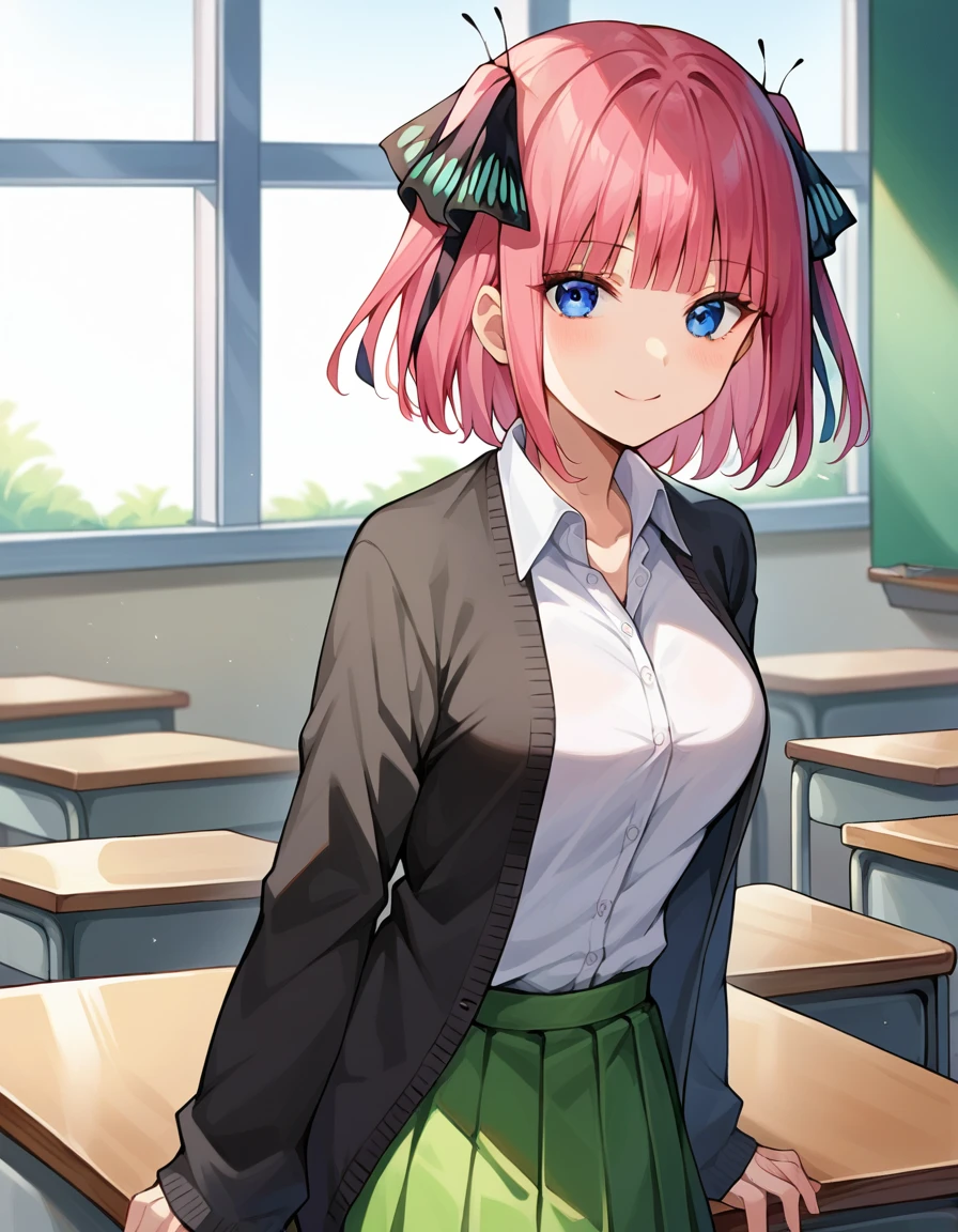 score_9, score_8_up, score_7_up, font_animated,
I was silent, nino nakano, short hair, bangs, blue eyes, hair ornament, hair ribbon, pink hair, blunt bangs, two side up, butterfly hair ornament, mature woman,
skirt, shirt, long sleeves, white shirt, pleated skirt, open clothing, collared shirt, sleeves beyond the wrists, dress shirt, cardigan, green skirt, open cardigan, black cardigan, classroom,
looking at viewer, smile