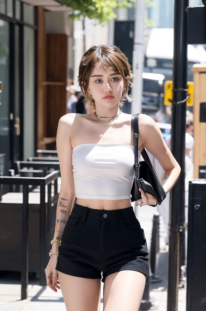 Miley Cyrus is beautiful, long hair, wearing a black strapless top inside, a white shirt outside, black shorts, super seductive pose, walking down the street