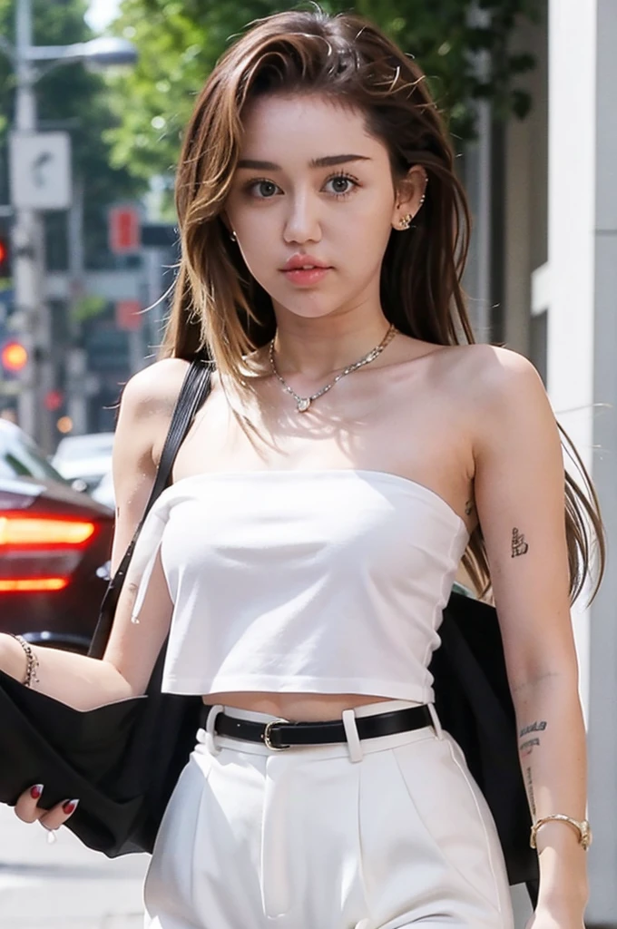 Miley Cyrus is beautiful, long hair, wearing a black strapless top inside, a white shirt outside, black shorts, super  pose, walking down the street