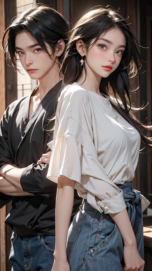 Please create an image of two people. First, a stunning beauty who is half French and half Japanese. She has an exceptionally beautiful face, with striking blue eyes and long, straight blonde hair. She wears a cute dress and has a smiling expression. The second person is a man with black hair and long bangs. He wears a T-shirt and denim. His expression is slightly bashful. The composition should be an upper body close-up image, with the beauty on the right and the man on the left, standing side by side.