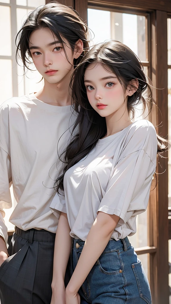 Please create an image of two people. First, a stunning beauty who is half French and half Japanese. She has an exceptionally beautiful face, with striking blue eyes and long, straight blonde hair. She wears a cute dress and has a smiling expression. The second person is a man with black hair and long bangs. He wears a T-shirt and denim. His expression is slightly bashful. The composition should be an upper body close-up image, with the beauty on the right and the man on the left, standing side by side.