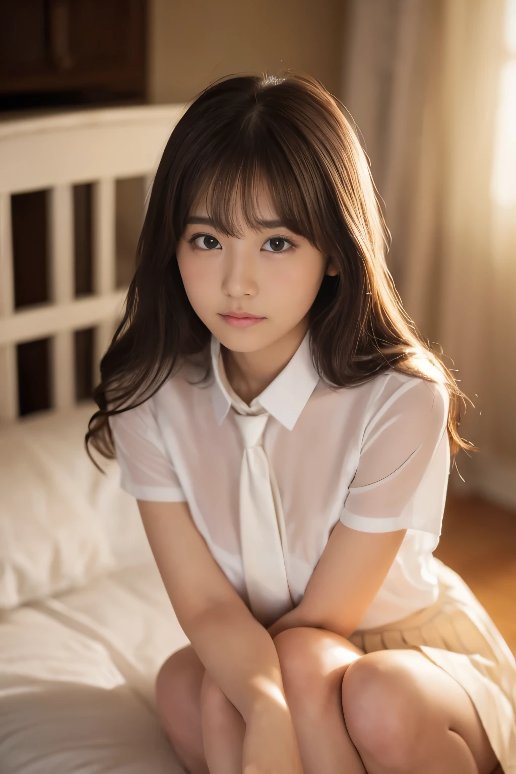 Highest quality, masterpiece, 8k, Perfect body, beautiful girl,, Medium Hair, (bangs, Shiny hair), Medium chest, (Beautiful shape), White Uniform, ((White see-through shirt, Short sleeve, tie, )), (The outline of his underwear is visible through his shirt), ((Pleated skirt)), Highly detailed face, Highly detailed skin texture,Very cute face, ((Fair skin, light makeup, Thin eyebrows, Thin eyebrows)), ((Young face)), Cute eyes, ((looking at the camera, Delicate eyelashes, Light in your eyes)), looking at the camera, Natural look, (Close your lips), Slender body, (Delicate shoulders, Beautiful body shape), ((Thighs, knees)), Professional Lighting, Beautiful high school students, 美しい17 years old, Natural look, (Embarrassed face),