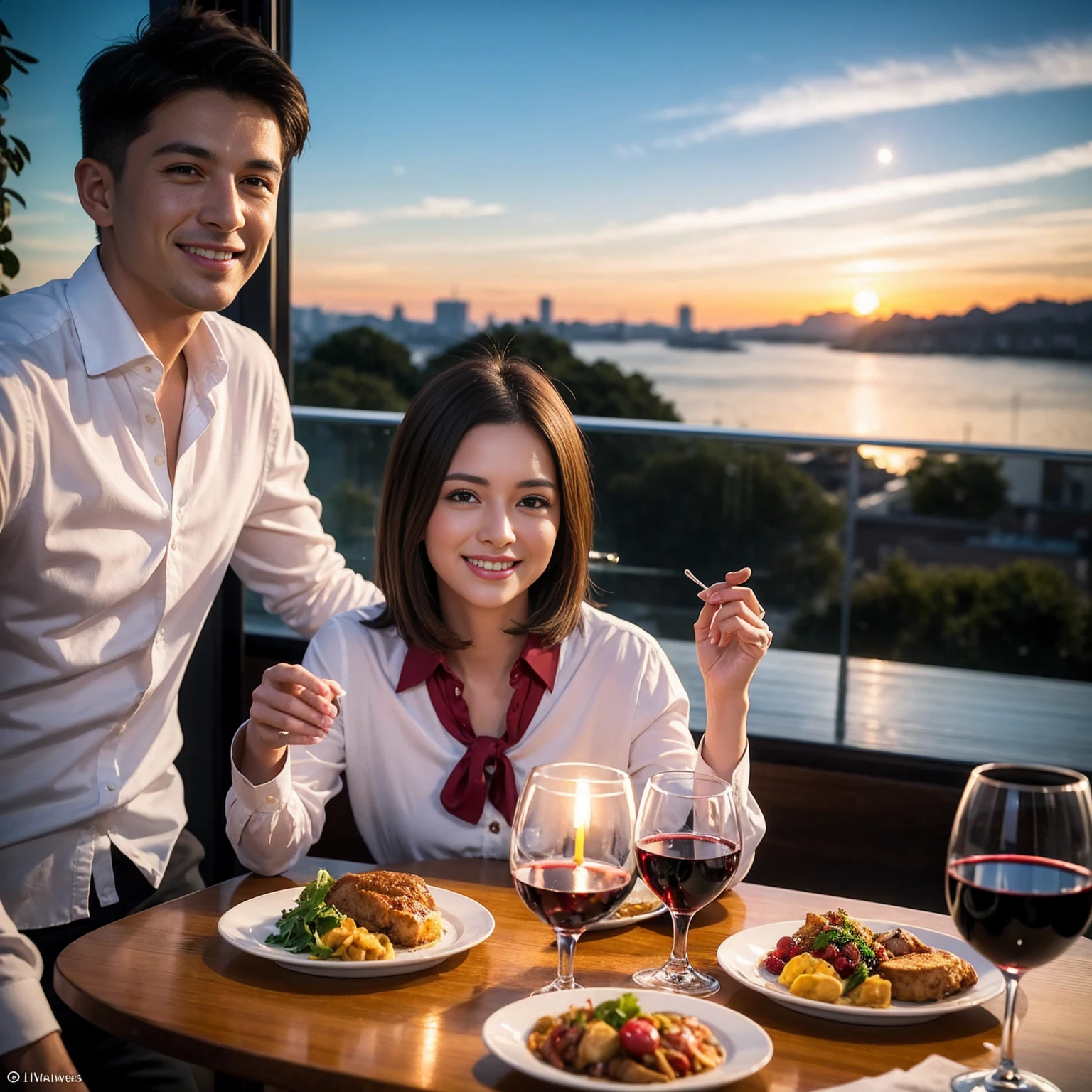 ((Highest quality、8K、masterpiece:1.3))、 (Ultra-realistic、 Genuine、Bright image、Intricate details:1.2), 最高のsmile、1 male、1 female、Beautiful couple、Love Love Love、Tokyo Lovers、Good friends、actress couple、smile、Full-course dinner at a packed table、 (Slim face), (the body is slim), (Brown Hair), (short hair), テーブルのwine glass、Please shine a light on my face、 Amazing view of the sunset sky and clouds、 years old 39 years old, red wine 、Appetizers、Wine bottle、sparkling wine、Long sleeve shirt、dress、White wine, red wine, wine glass,