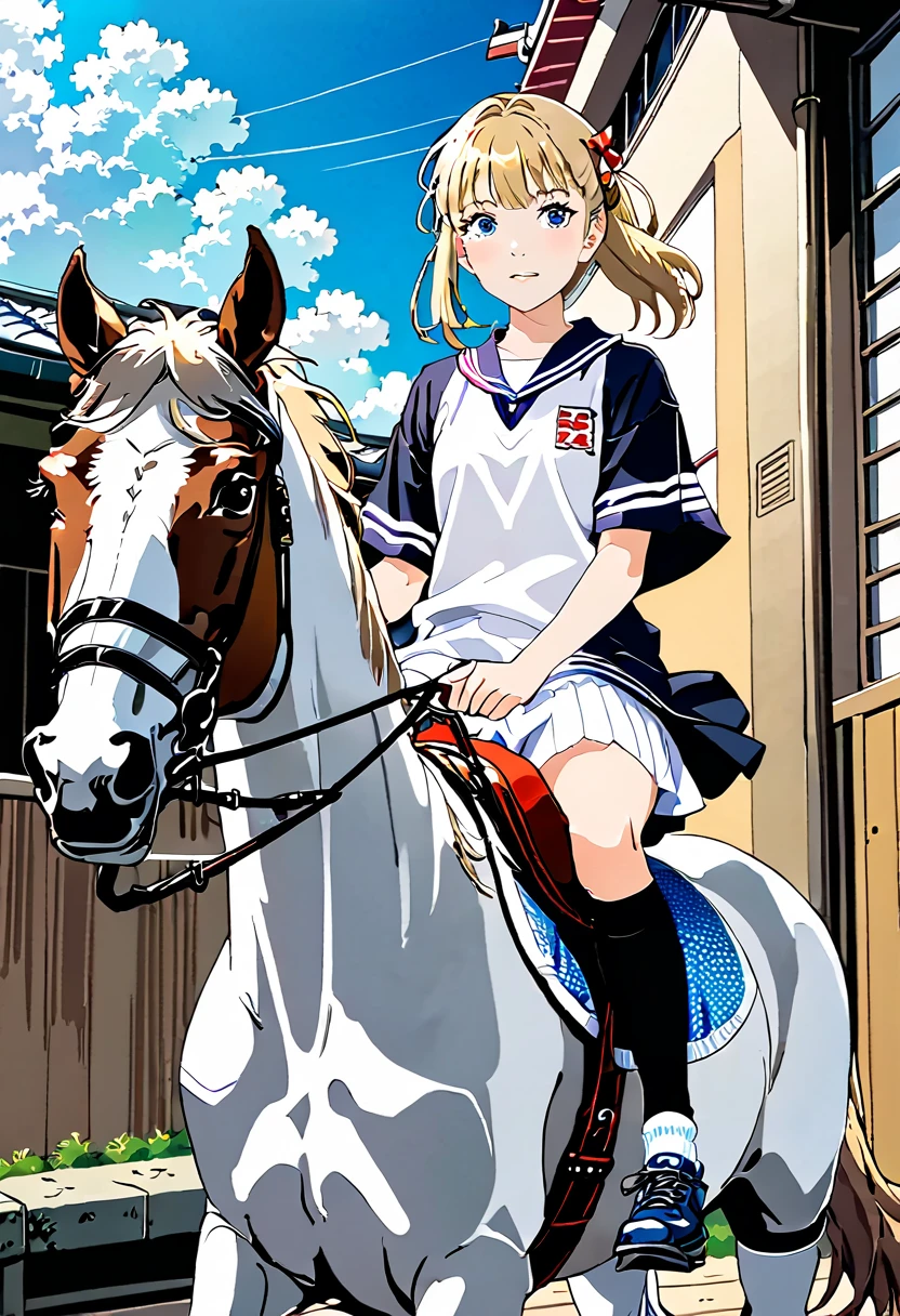 A Japanese high school girl in anime style riding a horse wearing white summer socks