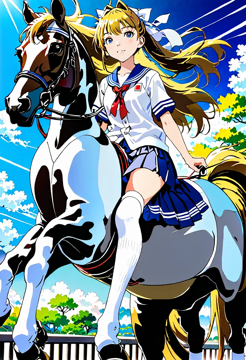 A Japanese high school girl in anime style riding a horse wearing white summer socks