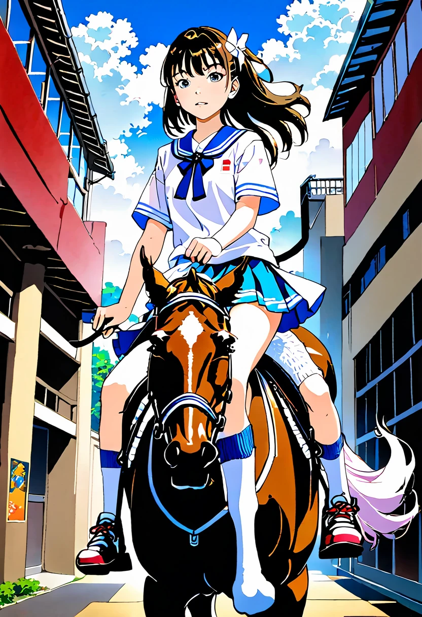 A Japanese high school girl in anime style riding a horse wearing white summer socks