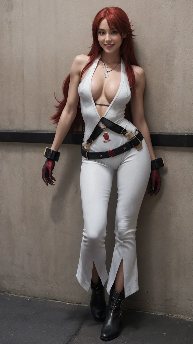 (masterpiece), best quality, HD, , expressive eyes, perfect face, solo, , , full body, red hair, aqua eyes, , collarbone, midriff, navel, slim body, necklace, ankh, belt, black gloves, , ankh, white strait , compass rose  visible through thighs, red gloves, standing, strivejacko, Jack-O'Valentine, white , visible smiles, long hair streak, irish woman, tight, sweating, lipstick, FIGHTEr, guilty gear, boot shoe, , interrogation, merore, happiness, fighting