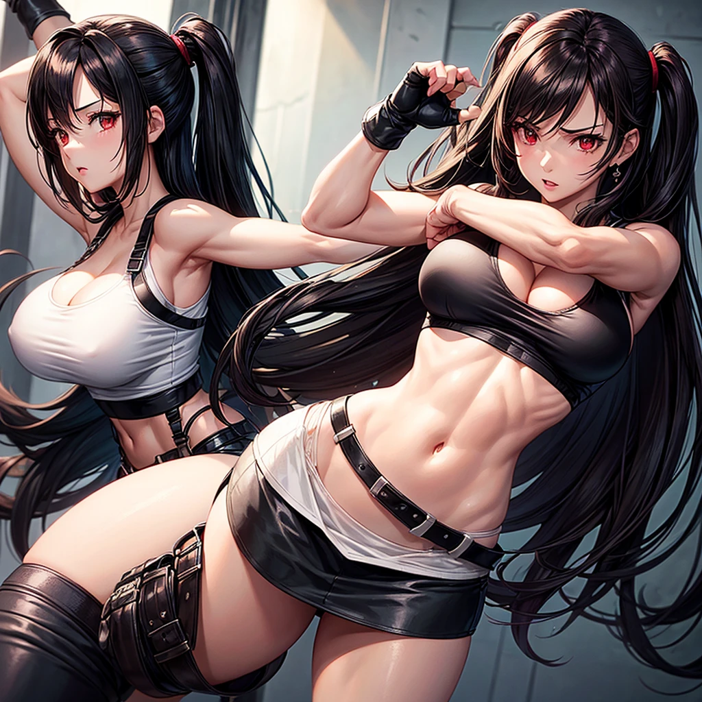 1girl,tifa Lockhart (final fantasy),long hair, very long hair,red eyes, black gloves,fingerless gloves,white crop top,bare stomach, black skirt, breasts, large breasts,huge breasts, round breasts, undressing, lifting shirt,shirt lift,lift by self, black bra,lace bra , white shirt white top 