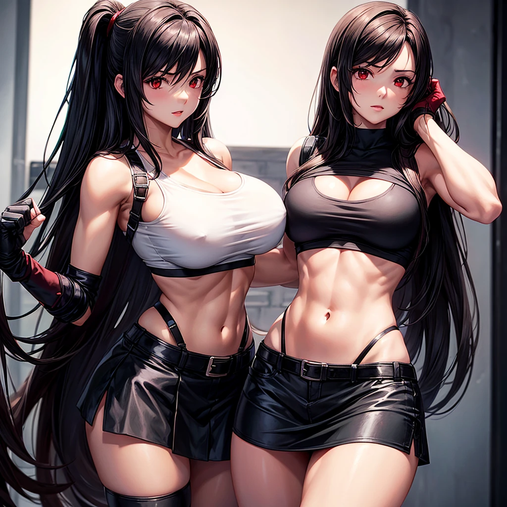 1girl,tifa Lockhart (final fantasy),long hair, very long hair,red eyes, black gloves,fingerless gloves,white crop top,bare stomach, black skirt, breasts, large breasts,huge breasts, round breasts, undressing, lifting shirt,shirt lift,lift by self, black bra,lace bra , white shirt white top